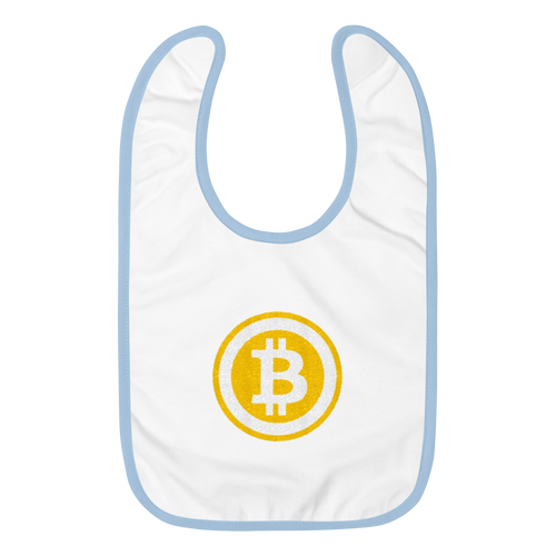 White Baby Bib With Light Blue Trim Embroidered Bitcoin Logo