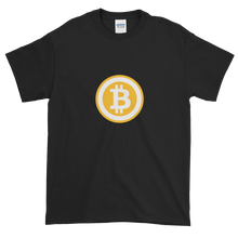 Load image into Gallery viewer, Black Short Sleeve T-Shirt with White and Orange Bitcoin Logo