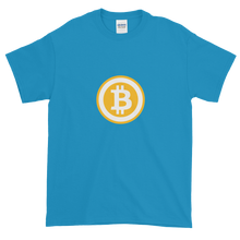 Load image into Gallery viewer, Sapphire Blue Short Sleeve T-Shirt with White and Orange Bitcoin Logo