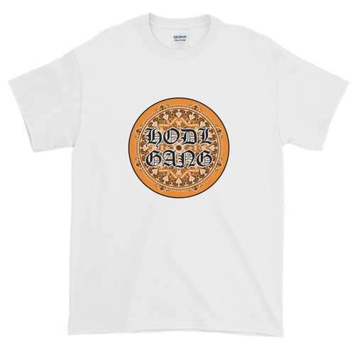 White Short Sleeve T-Shirt With Orange and Black HODL GANG Logo