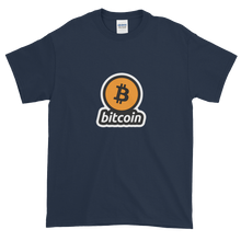 Load image into Gallery viewer, Navy Blue Short Sleeve T-Shirt with Black and Orange Bitcoin Logo