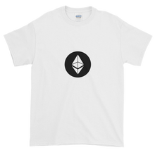 Load image into Gallery viewer, White Short Sleeve T-Shirt With White Ethereum Diamond and Black Circle Background