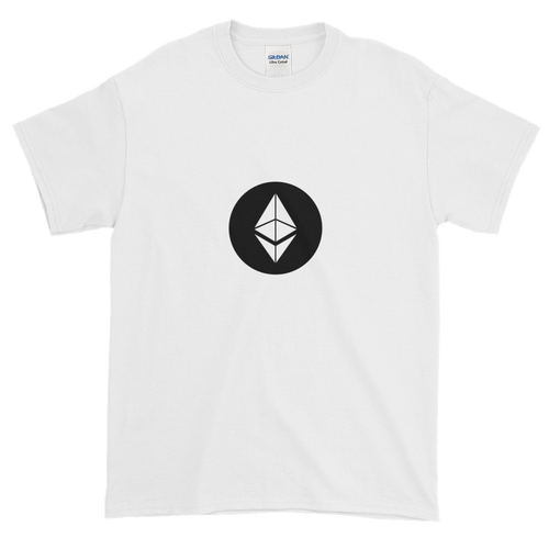 White Short Sleeve T-Shirt With White Ethereum Diamond and Black Circle Background