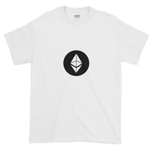 White Short Sleeve T-Shirt With White Ethereum Diamond and Black Circle Background