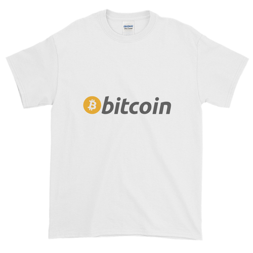 White Short Sleeve T-Shirt with White, Orange, and Grey Bitcoin Logo