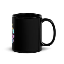 Load image into Gallery viewer, Black glossy coffee mug with multicolored Charlz Token design printed on it