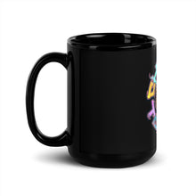 Load image into Gallery viewer, Black glossy coffee mug with multicolored Charlz Token design printed on it