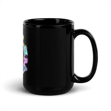 Load image into Gallery viewer, Black glossy coffee mug with multicolored Charlz Token design printed on it