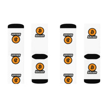 Load image into Gallery viewer, White Socks with Orange and Black Bitcoin Logos Left and Right