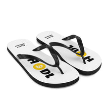 Load image into Gallery viewer, White Soled Flip Flops With Black and Orange Krypto Threadz Bitcoin HODL Logo