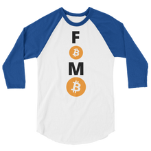 Load image into Gallery viewer, Royal Blue and White 3/4 Sleeve Baseball Style Bitcoin FOMO T Shirt