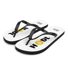 Load image into Gallery viewer, White Soled Flip Flops With Black and Orange Krypto Threadz Bitcoin HODL Logo