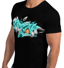 Load image into Gallery viewer, Black Short Sleeve T-Shirt With Bitcoin Design in Graffiti Lettering By Kaser Styles Right View