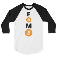Load image into Gallery viewer, Black and White 3/4 Sleeve Baseball Style Bitcoin FOMO T Shirt