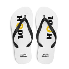 Load image into Gallery viewer, White Soled Flip Flops With Black and Orange Krypto Threadz Bitcoin HODL Logo