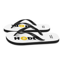 Load image into Gallery viewer, White Soled Flip Flops With Black and Orange Krypto Threadz Bitcoin HODL Logo