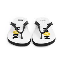 Load image into Gallery viewer, White Soled Flip Flops With Black and Orange Krypto Threadz Bitcoin HODL Logo