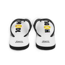 Load image into Gallery viewer, White Soled Flip Flops With Black and Orange Krypto Threadz Bitcoin HODL Logo