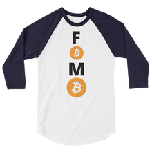 Load image into Gallery viewer, Navy Blue and White 3/4 Sleeve Baseball Style Bitcoin FOMO T Shirt