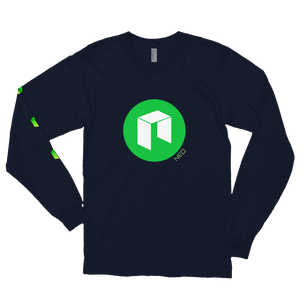 Navy Blue Long Sleeve Unisex NEO T Shirt With Green NEO Logos On Chest and Right Arm
