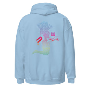 Light Blue Stripper Coin Hoodie with rainbow colored design of a stripper silhouette in binary code on the back