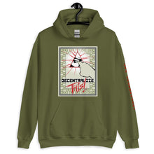 Load image into Gallery viewer, Military Green SchhhArt Decentralize This Hoodie with a pyramid and all seeing eye being poked by a finger on the front of the hoodie