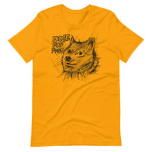 Load image into Gallery viewer, Gold Short Sleeve T-Shirt With Dogecoin Dog in Scribble Art
