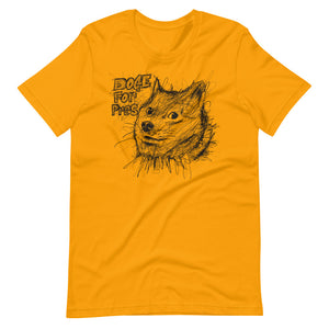 Gold Short Sleeve T-Shirt With Dogecoin Dog in Scribble Art