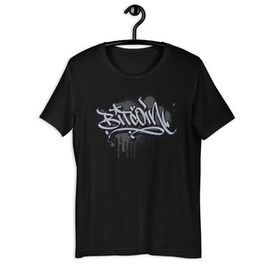 Black Short Sleeve T-Shirt with Grey Bitcoin Design in Graffiti Lettering on Front