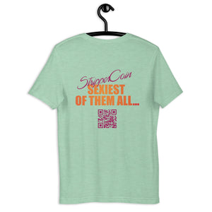 Mint Short Sleeve T-Shirt with Stripper Coin - Sexiest of Them All design on the back printed in pink and orange along with qr code.