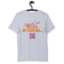 Load image into Gallery viewer, Light Blue Short Sleeve T-Shirt with Stripper Coin - Sexiest of Them All design on the back printed in pink and orange along with qr code.