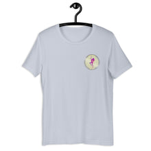 Load image into Gallery viewer, Light Blue Short Sleeve T-Shirt with silver Stripper Coin logo design on left front breast