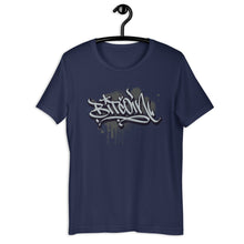 Load image into Gallery viewer, Navy Blue Short Sleeve T-Shirt with Grey Bitcoin Design in Graffiti Lettering on Front