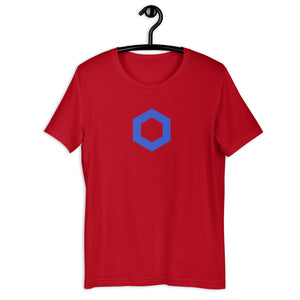 Red Short Sleeve Chainlink T-Shirt With Blue Chainlink Logo on Front