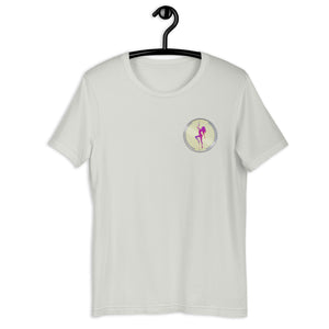 Silver Short Sleeve T-Shirt with silver Stripper Coin logo design on left front breast