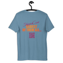 Load image into Gallery viewer, Steel Blue Short Sleeve T-Shirt with Stripper Coin - Sexiest of Them All design on the back printed in pink and orange along with qr code.
