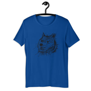 Royal Blue Short Sleeve T-Shirt With Doge Dog on front in Scribble design