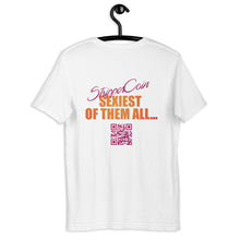Load image into Gallery viewer, White Short Sleeve T-Shirt with Stripper Coin - Sexiest of Them All design on the back printed in pink and orange along with qr code.