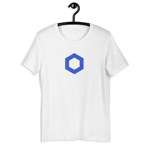 White Short Sleeve Chainlink T-Shirt With Blue Chainlink Logo on Front