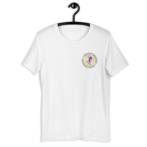 White Short Sleeve T-Shirt with silver Stripper Coin logo design on left front breast