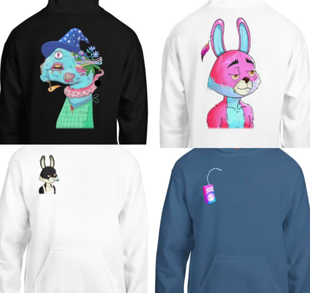 4 custom hoodies with NFTs printed on the front and back