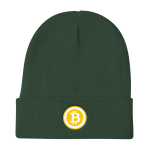 Dark Green Beanie With Embroidered White and Orange Bitcoin Logo