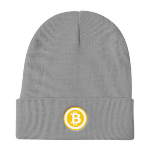Grey Beanie With Embroidered White and Orange Bitcoin Logo