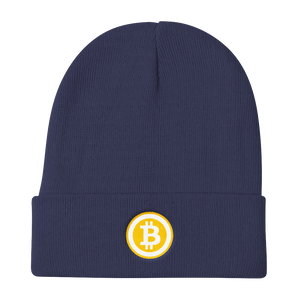 Navy Blue Beanie With Embroidered White and Orange Bitcoin Logo