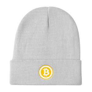 White Beanie With Embroidered White and Orange Bitcoin Logo