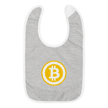Load image into Gallery viewer, Grey Baby Bib With White Trim Embroidered Bitcoin Logo