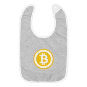 Grey Baby Bib With White Trim Embroidered Bitcoin Logo