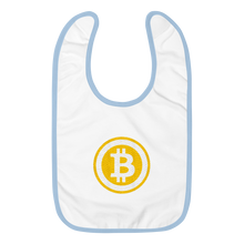 Load image into Gallery viewer, White Baby Bib With Light Blue Trim Embroidered Bitcoin Logo