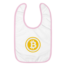 Load image into Gallery viewer, White Baby Bib With Pink Trim Embroidered Bitcoin Logo