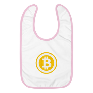 White Baby Bib With Pink Trim Embroidered Bitcoin Logo